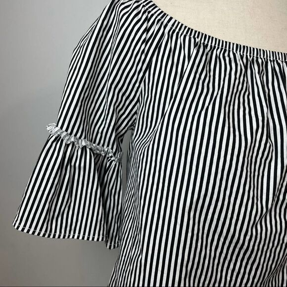 Ambiance Black & White Striped Strapless Off The Shoulder Blouse Short Sleeve M - Picture 6 of 10